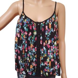 Thamp Black Floral Spaghetti Strap Button Front Pintuck Top  Juniors L